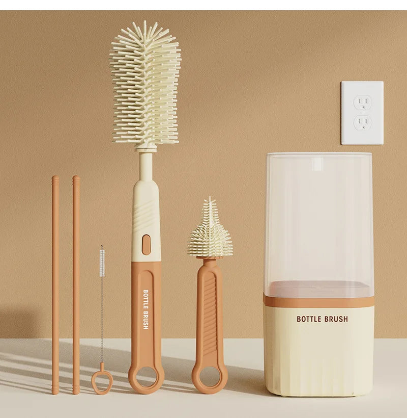 Baby Silicone Bottle Brush Portable Straight Handle Cleaning Tool Set 360° Rotating Drying Rack Combination Bottle Washing Brush