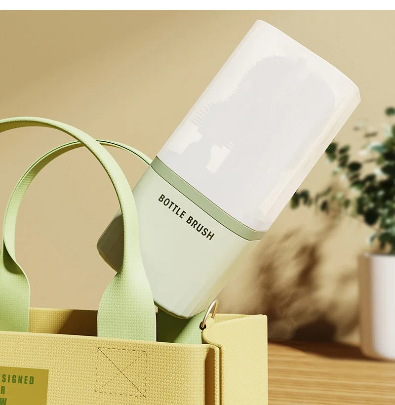 Baby Silicone Bottle Brush Portable Straight Handle Cleaning Tool Set 360° Rotating Drying Rack Combination Bottle Washing Brush