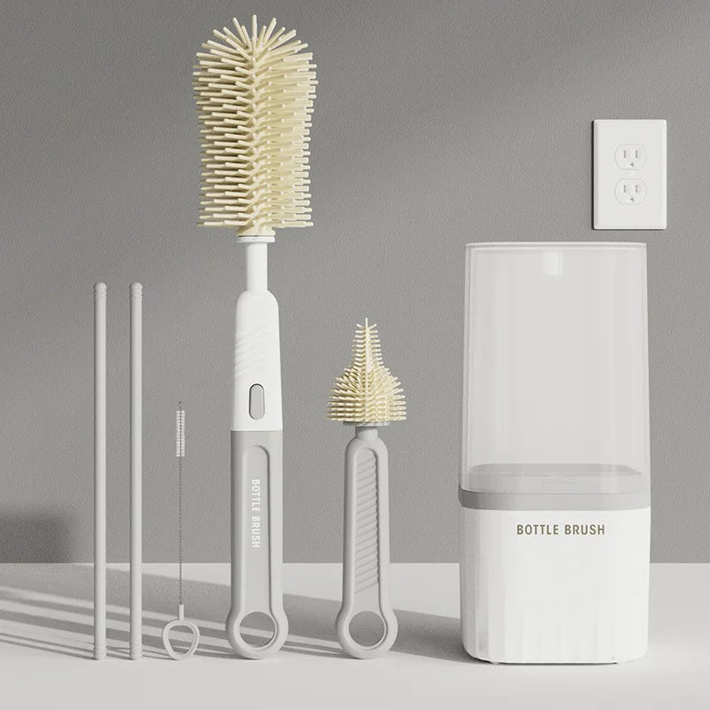 Baby Silicone Bottle Brush Portable Straight Handle Cleaning Tool Set 360° Rotating Drying Rack Combination Bottle Washing Brush