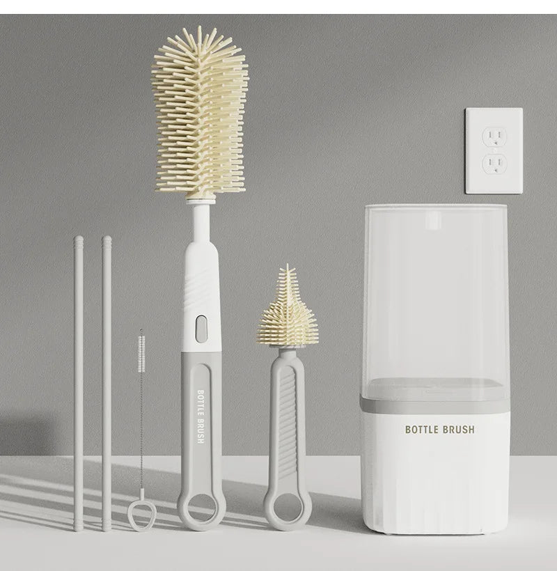 Baby Silicone Bottle Brush Portable Straight Handle Cleaning Tool Set 360° Rotating Drying Rack Combination Bottle Washing Brush