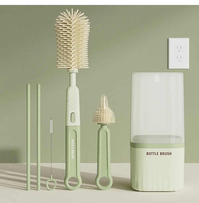 Baby Silicone Bottle Brush Portable Straight Handle Cleaning Tool Set 360° Rotating Drying Rack Combination Bottle Washing Brush