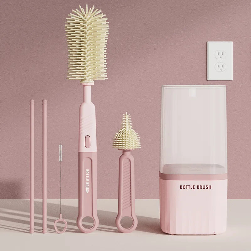 Baby Silicone Bottle Brush Portable Straight Handle Cleaning Tool Set 360° Rotating Drying Rack Combination Bottle Washing Brush