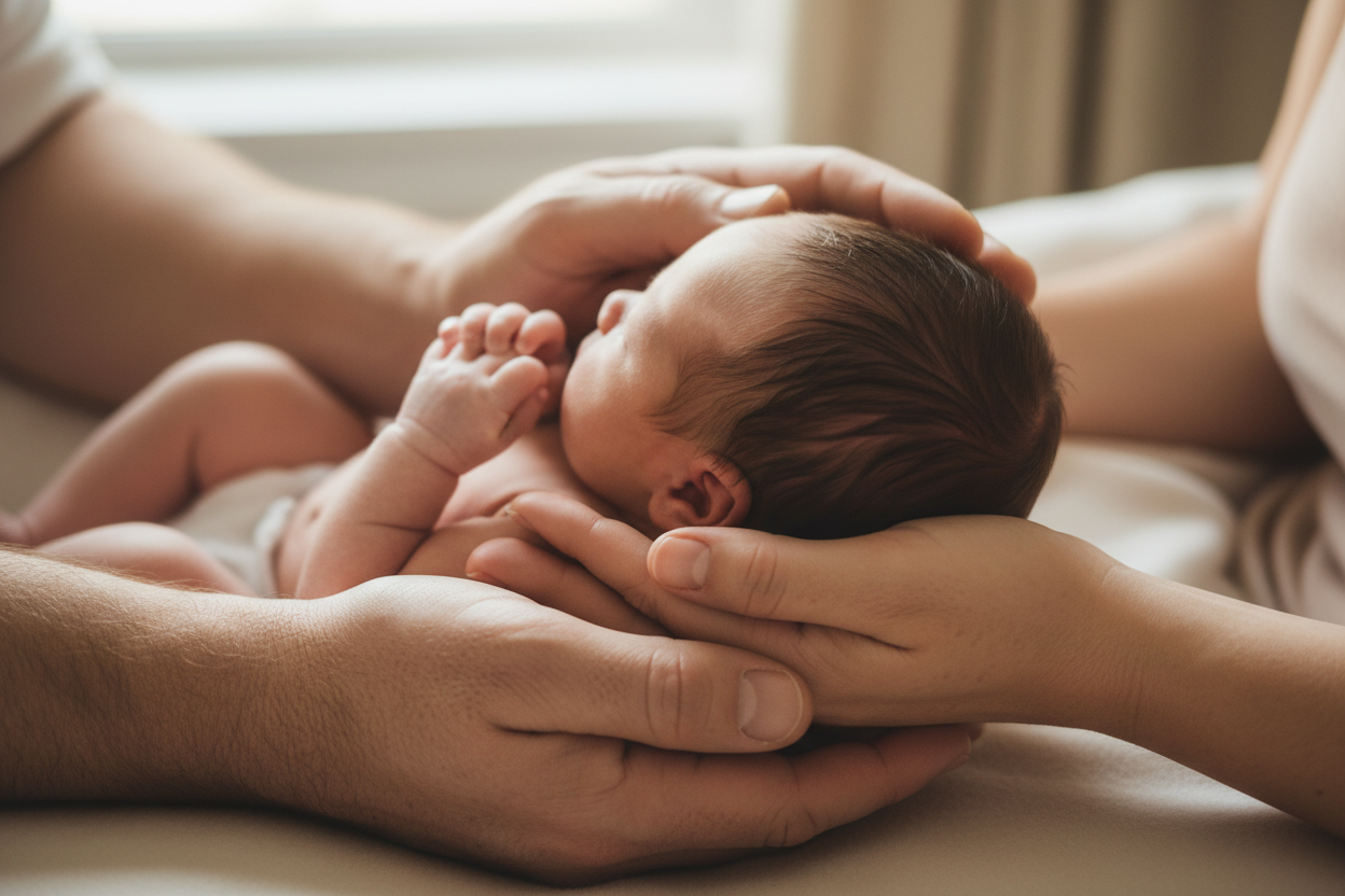 family hands with baby